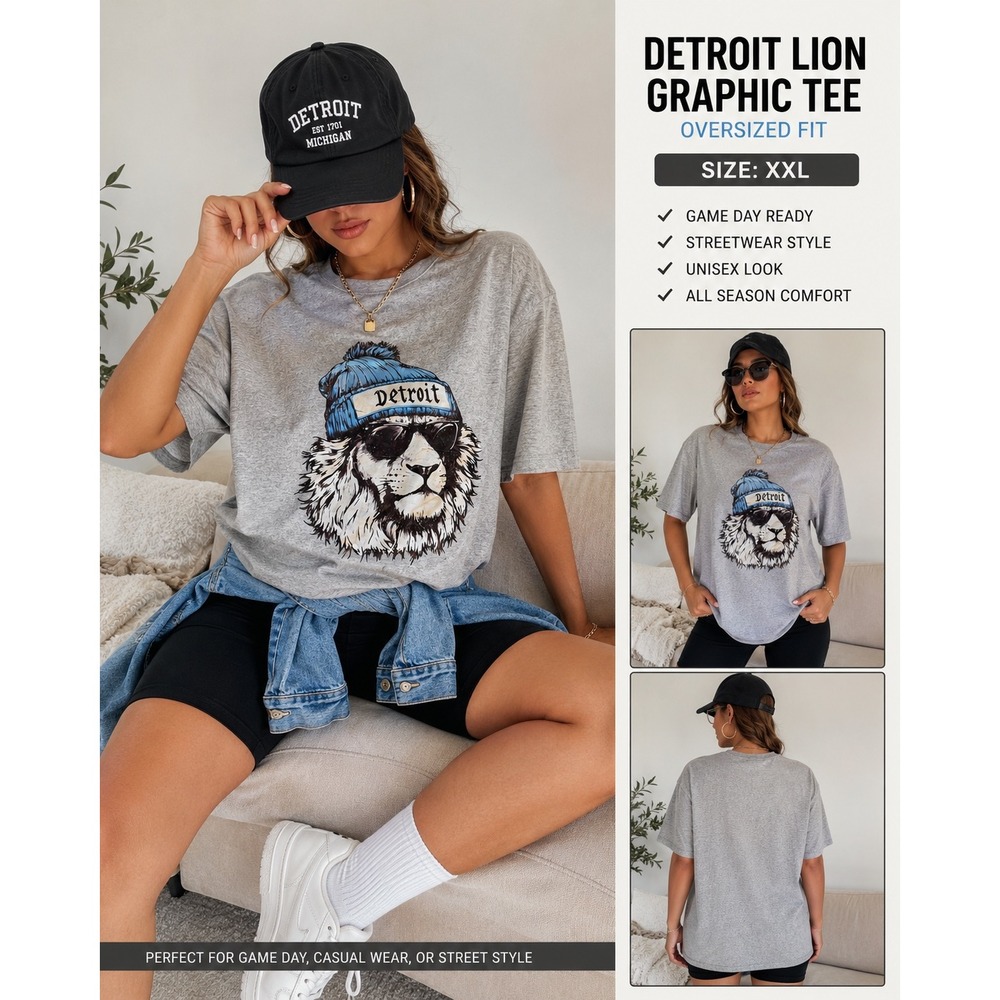 SHEIN Detroit Lion Graphic Tee XXL Gray Oversized Streetwear Game Day Shirt